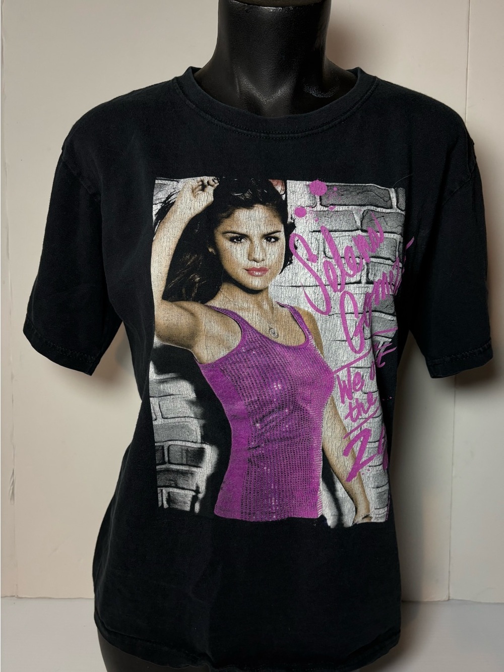 Black Selena Gomez Graphic Concert Tee with Purple Accent